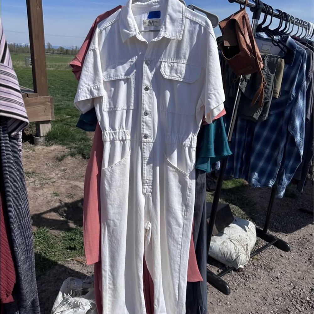 Free People White Button-Front Utility Jumpsuit